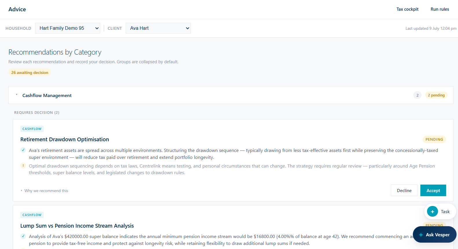 Aether advice screen showing retirement recommendations, rationale, limitations, and adviser accept or decline controls