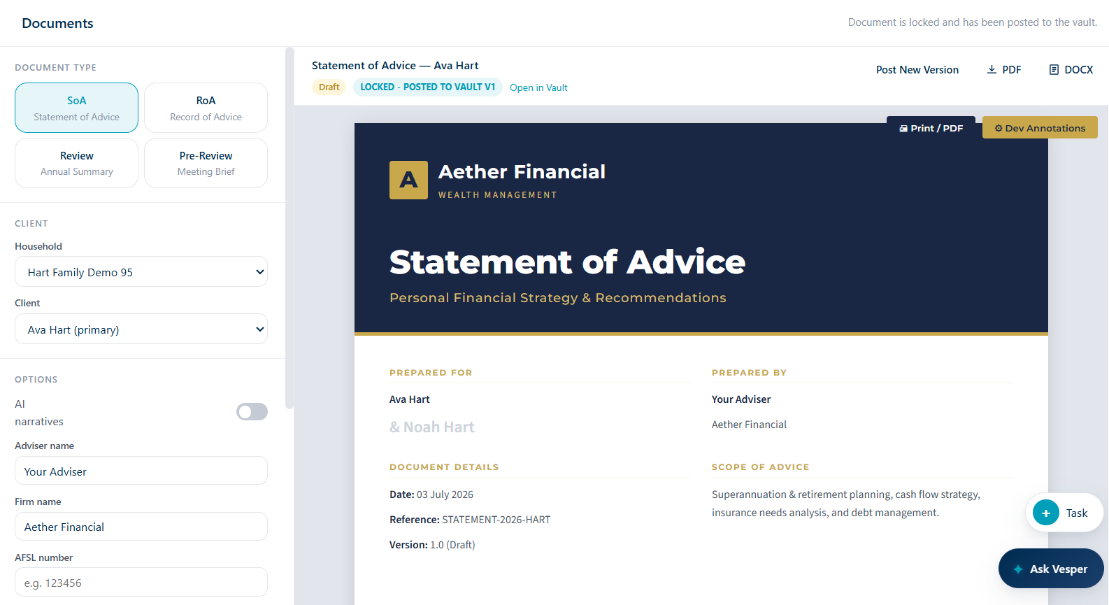 Aether documents screen showing a branded Statement of Advice locked and posted to the client vault