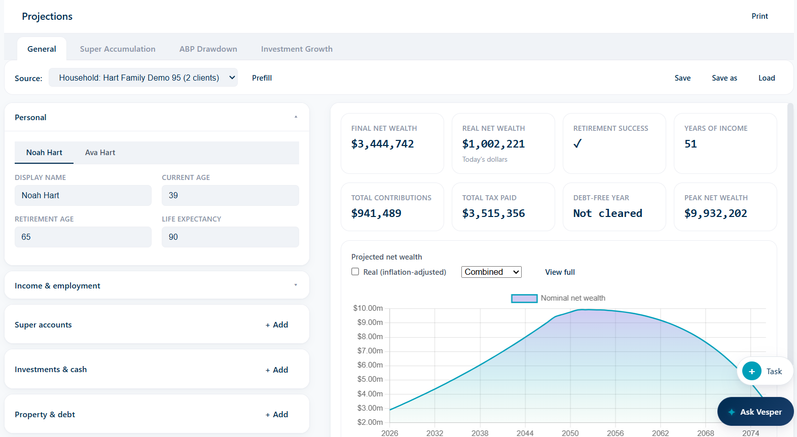 Projections interface showing auditable household assumptions and projected net wealth