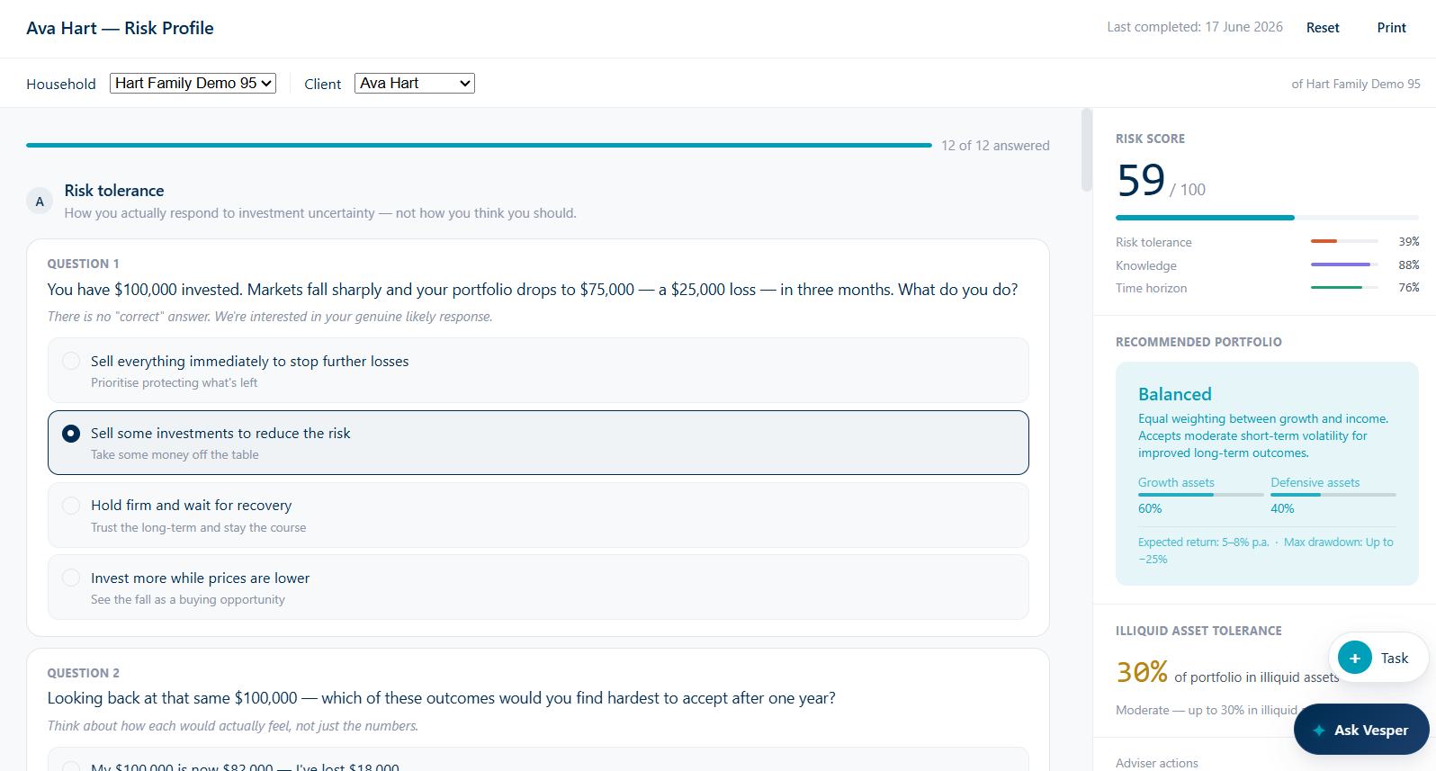 Risk interface showing assessment answers, score, and recommended portfolio