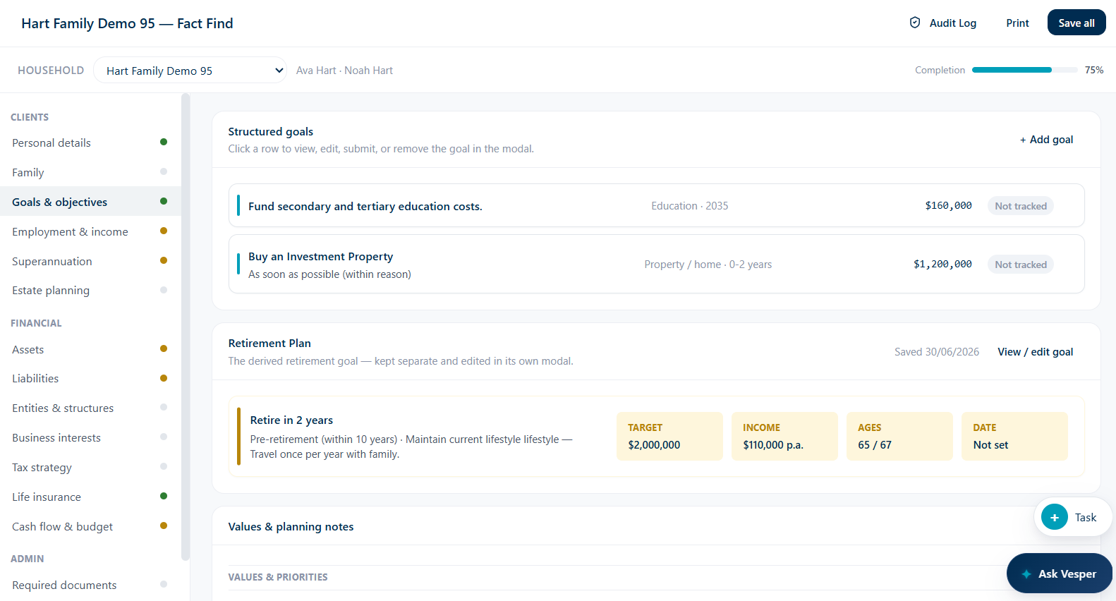 Aether fact-find showing structured household goals and retirement planning details